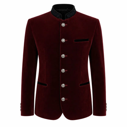 A men's traditional-style jacket in deep burgundy velvet with a black mandarin collar, black pocket flaps, and silver-tone decorative buttons, shown on a plain white background.