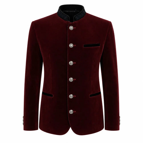 A men's traditional-style jacket in deep burgundy velvet with a black mandarin collar, black pocket flaps, and silver-tone decorative buttons, shown on a plain white background.