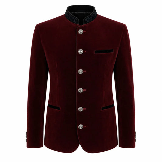 A men's traditional-style jacket in deep burgundy velvet with a black mandarin collar, black pocket flaps, and silver-tone decorative buttons, shown on a plain white background.