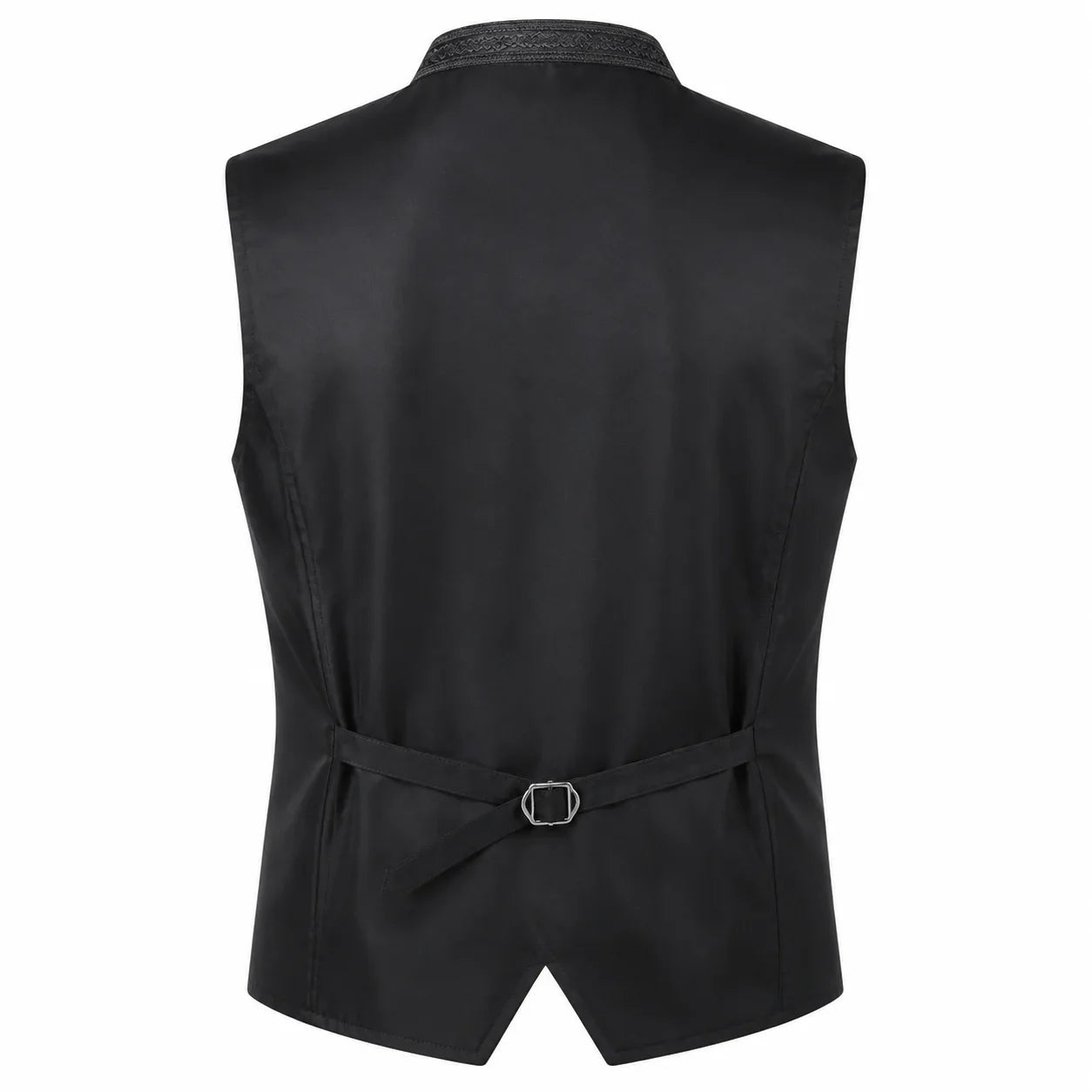 Black waistcoat vest with a matching tie belt and silver buckle, shown from the back on a white background.