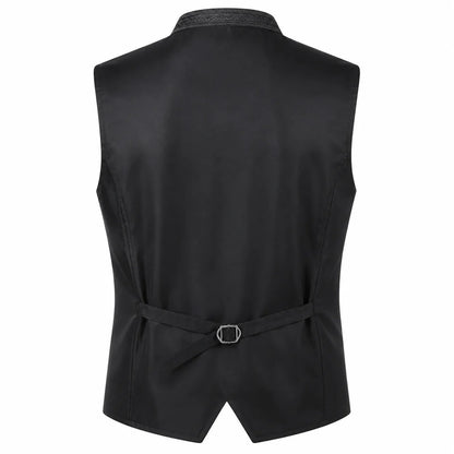 Black waistcoat vest with a matching tie belt and silver buckle, shown from the back on a white background.