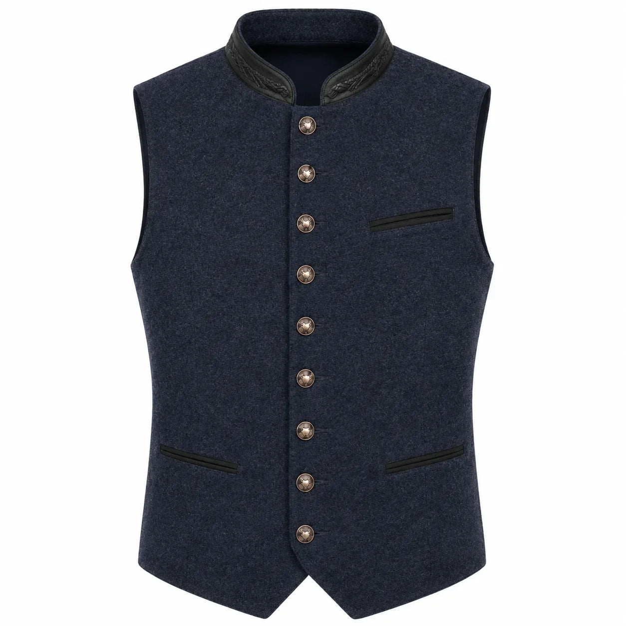 A dark navy blue wool vest with a high collar, decorative brown buttons down the front, and black trim details on the collar and pocket edges, shown against a plain white background.