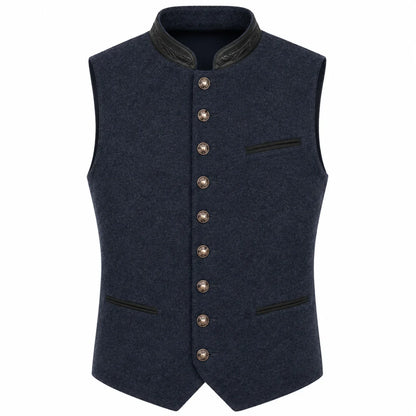 A dark navy blue wool vest with a high collar, decorative brown buttons down the front, and black trim details on the collar and pocket edges, shown against a plain white background.