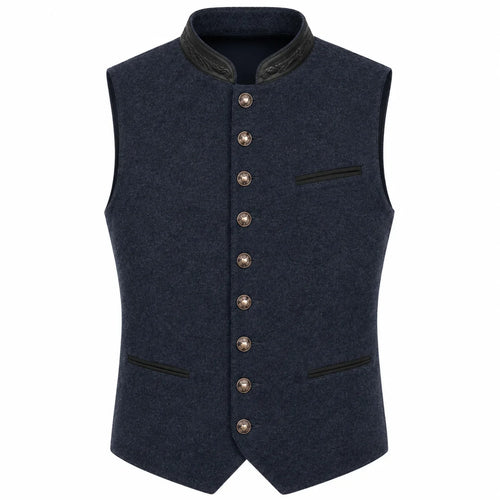 A dark navy blue wool vest with a high collar, decorative brown buttons down the front, and black trim details on the collar and pocket edges, shown against a plain white background.