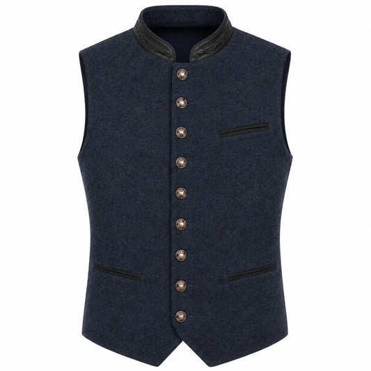 A dark navy blue wool vest with a high collar, decorative brown buttons down the front, and black trim details on the collar and pocket edges, shown against a plain white background.