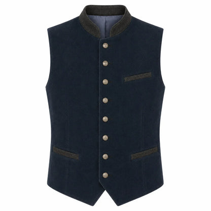A dark navy blue waistcoat vest with a high dark gray collar, front button closure, and welt pockets, shown against a plain white background.