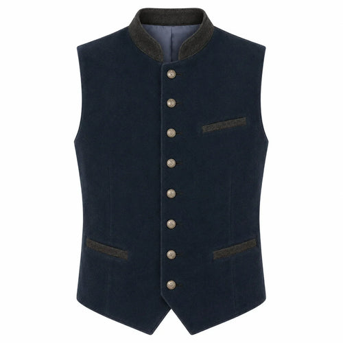 A dark navy blue waistcoat vest with a high dark gray collar, front button closure, and welt pockets, shown against a plain white background.