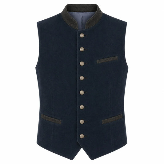 A dark navy blue waistcoat vest with a high dark gray collar, front button closure, and welt pockets, shown against a plain white background.