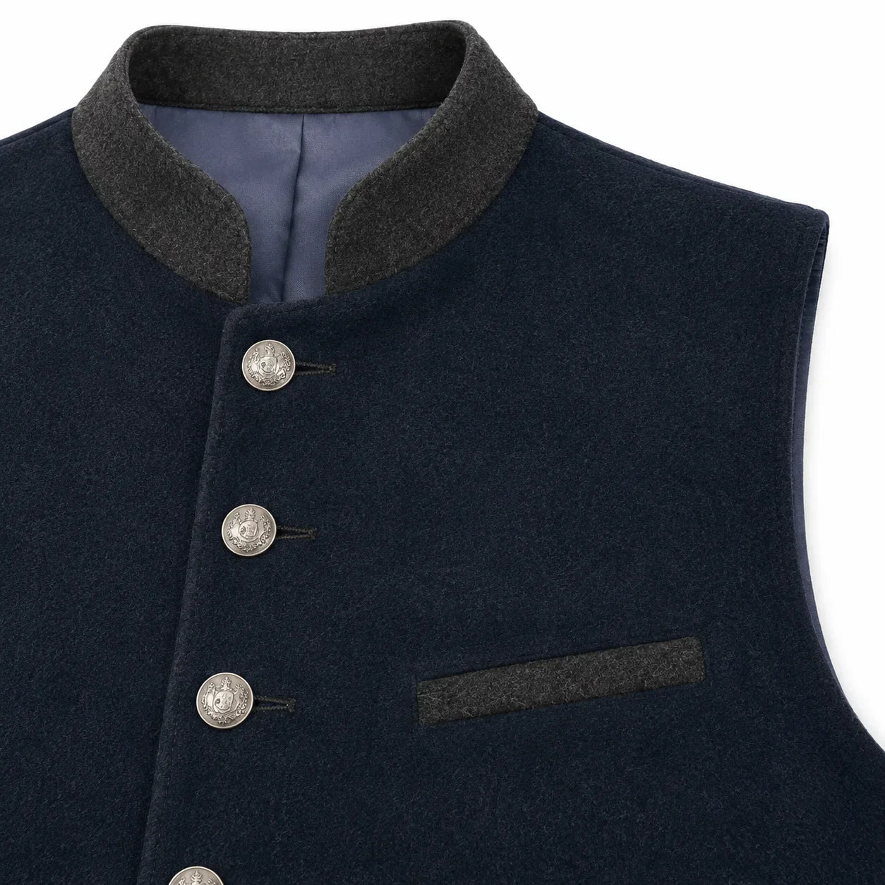 Men's Navy Blue Suede Trachten Vest with Charcoal Collar