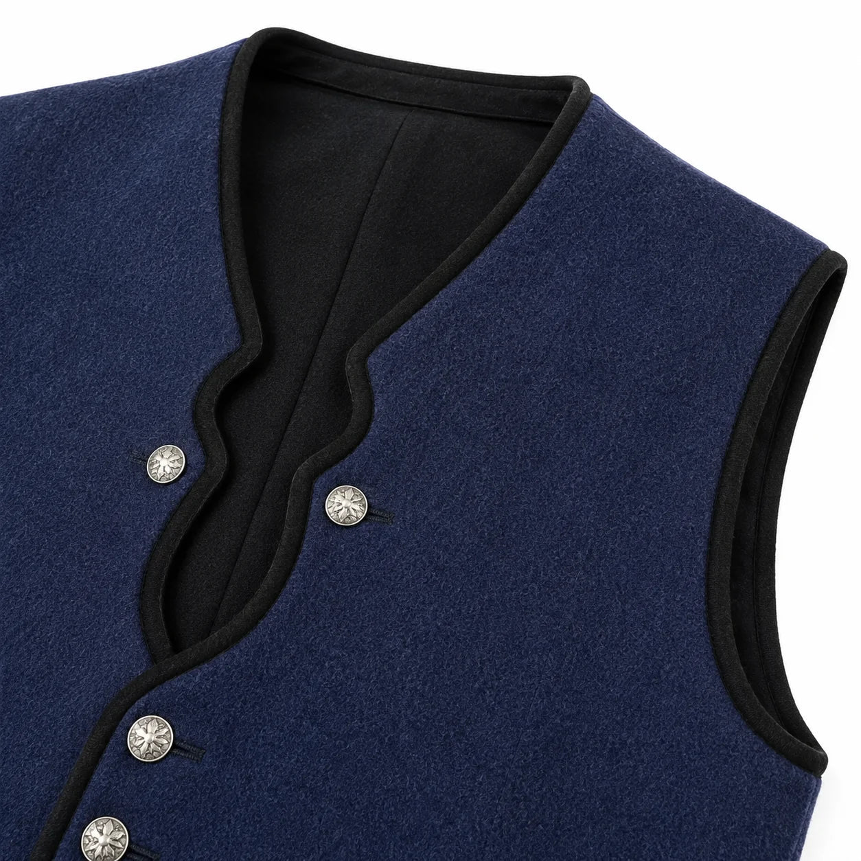 Close-up of a navy blue vest with black scalloped trim and silver decorative buttons, shown on a white background.