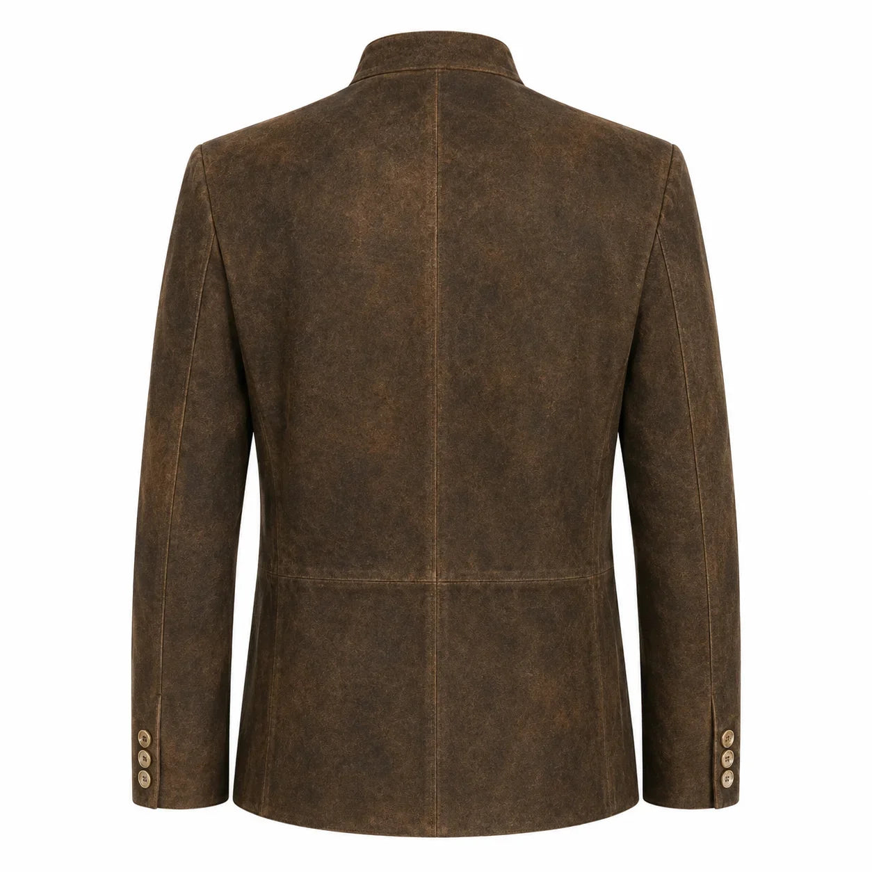 A brown textured suede or nubuck blazer shown from the back, featuring a collar, long sleeves, and button details on the cuffs and lower back, set against a plain white background.