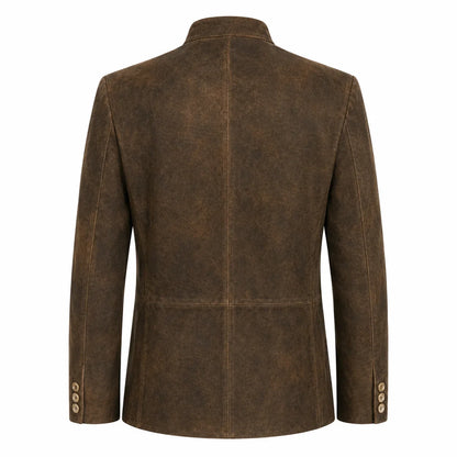 A brown textured suede or nubuck blazer shown from the back, featuring a collar, long sleeves, and button details on the cuffs and lower back, set against a plain white background.