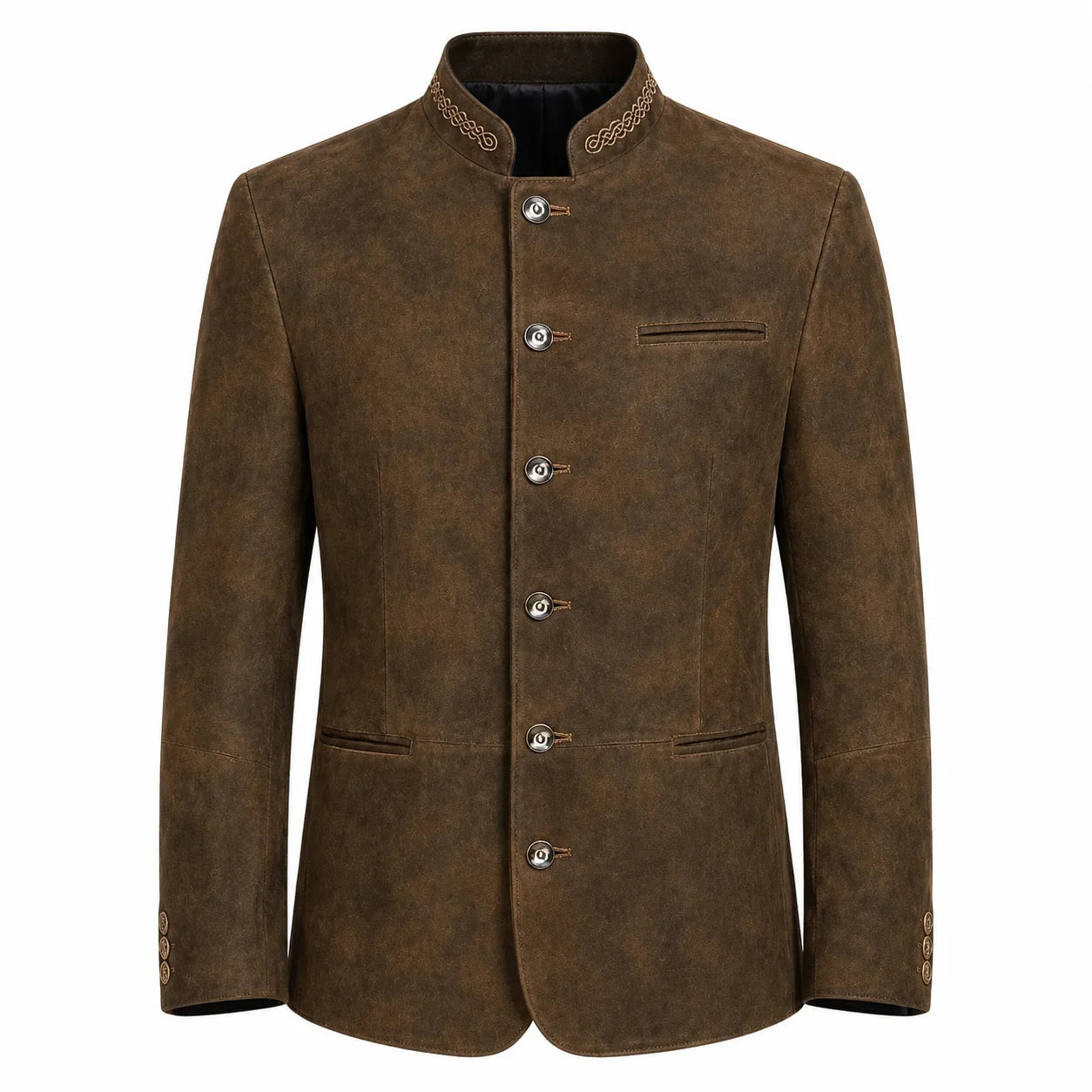 A men's brown suede jacket with a mandarin collar, decorative embroidered trim, and silver-tone buttons, shown against a plain white background.