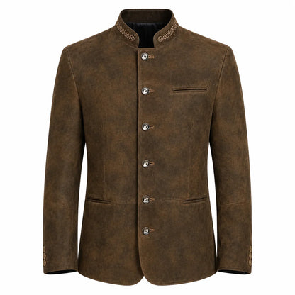 A men's brown suede jacket with a mandarin collar, decorative embroidered trim, and silver-tone buttons, shown against a plain white background.