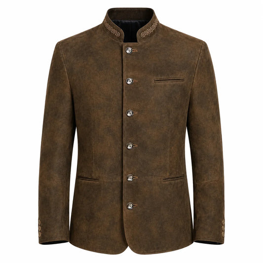 A men's brown suede jacket with a mandarin collar, decorative embroidered trim, and silver-tone buttons, shown against a plain white background.