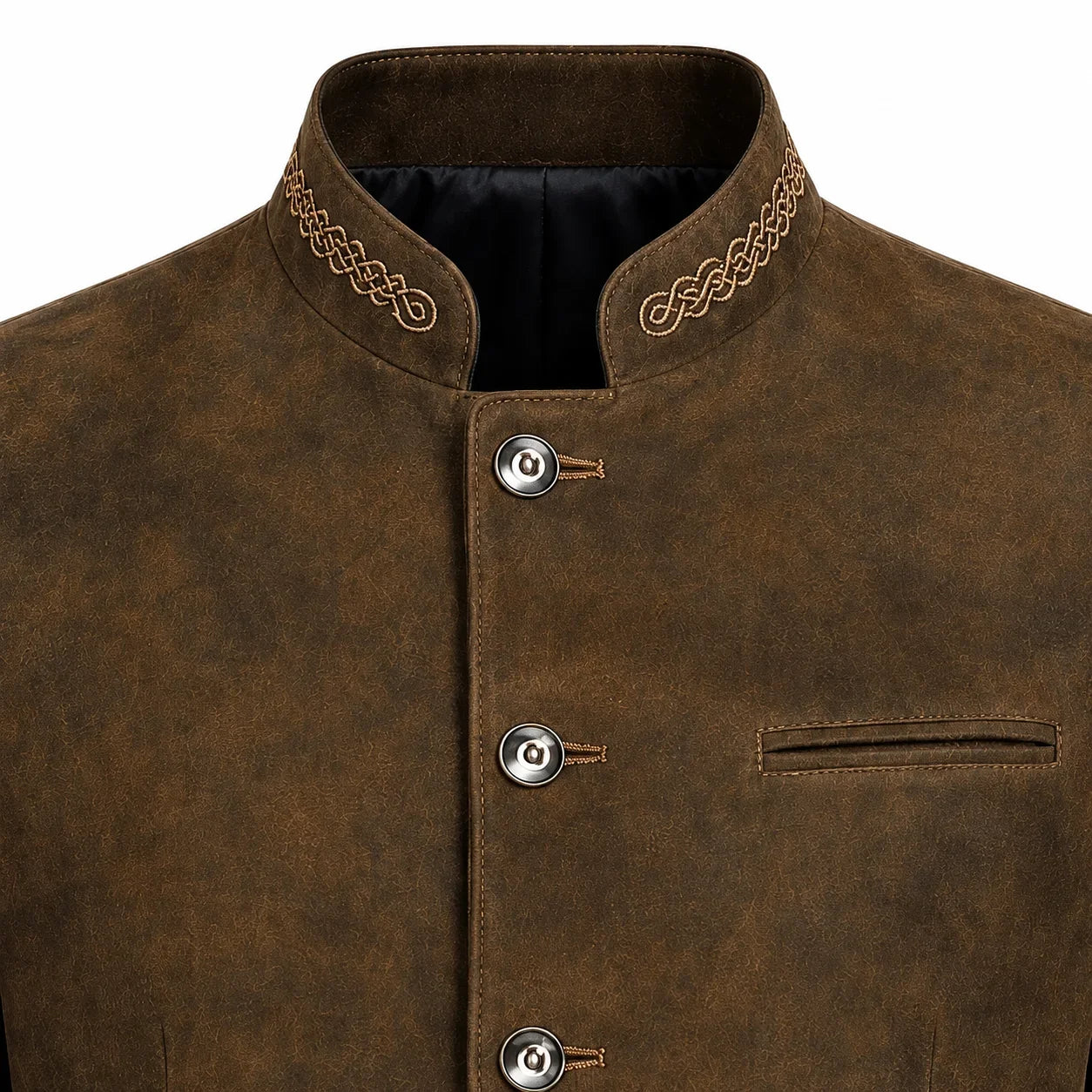 Close-up of a brown suede jacket with a mandarin collar, decorative embroidered trim, and silver-tone snap buttons.