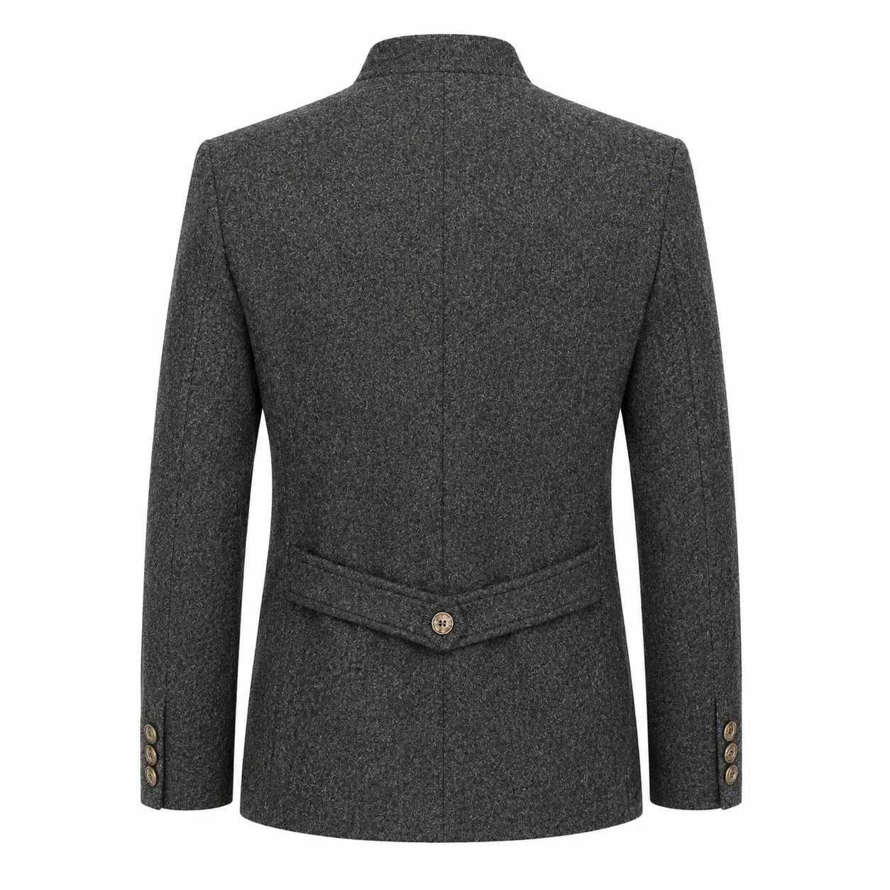A dark gray textured wool blazer shown from the back, featuring a structured collar, a single central back button, and buttoned cuffs, set against a plain white background.
