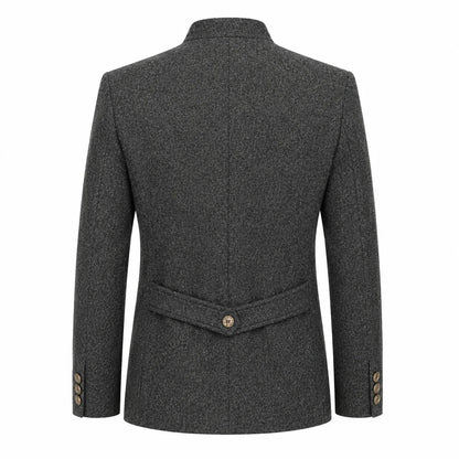 A dark gray textured wool blazer shown from the back, featuring a structured collar, a single central back button, and buttoned cuffs, set against a plain white background.