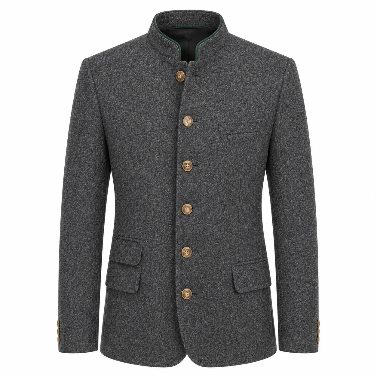 A dark gray textured wool jacket with a mandarin collar and five gold-colored buttons, shown on a plain white background.