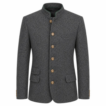 A dark gray textured wool jacket with a mandarin collar and five gold-colored buttons, shown on a plain white background.