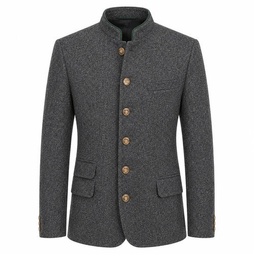 A dark gray textured wool jacket with a mandarin collar and five gold-colored buttons, shown on a plain white background.