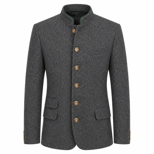 A dark gray textured wool jacket with a mandarin collar and five gold-colored buttons, shown on a plain white background.