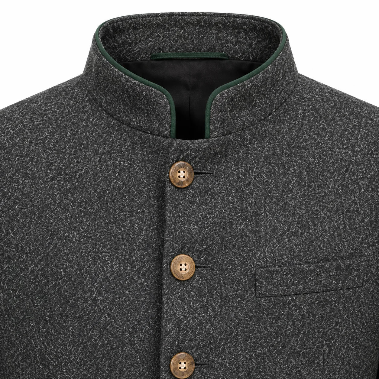 Close-up of a dark gray textured wool jacket with a mandarin collar, brown buttons, and a green piping accent on the collar.