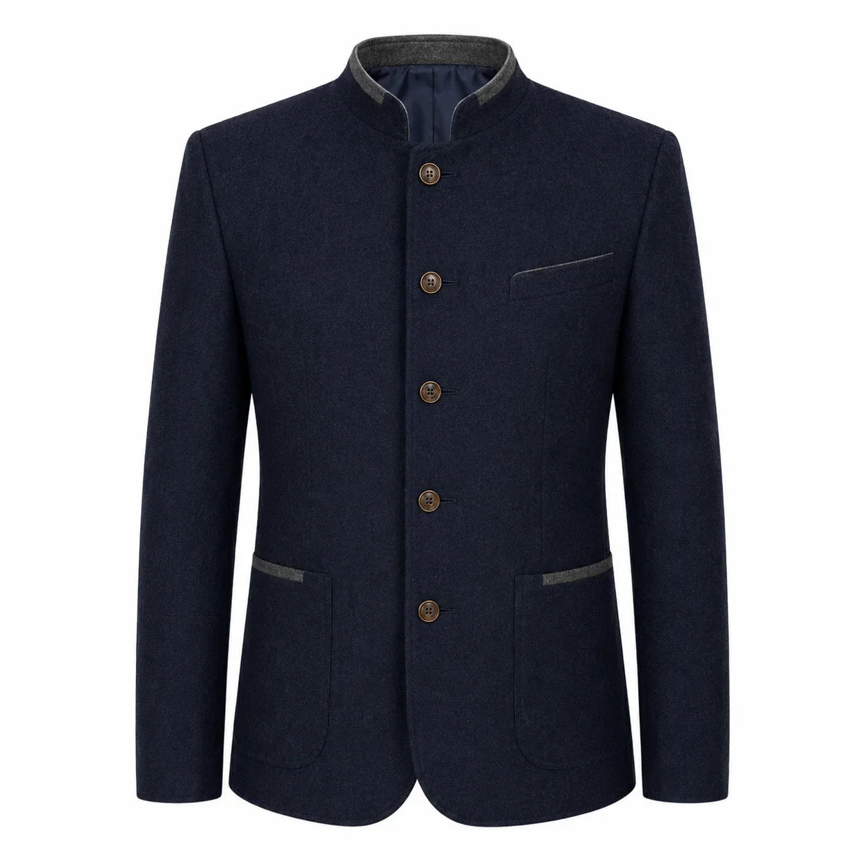 A men's dark navy blue jacket with a mandarin collar, brown buttons, and gray trim details on the collar, pocket, and pocket flaps, shown against a plain white background.
