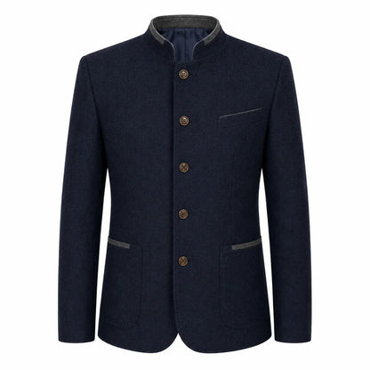 A men's dark navy blue jacket with a mandarin collar, brown buttons, and gray trim details on the collar, pocket, and pocket flaps, shown against a plain white background.
