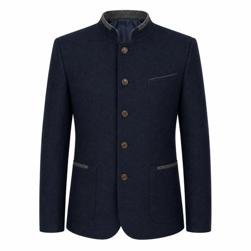 A men's dark navy blue jacket with a mandarin collar, brown buttons, and gray trim details on the collar, pocket, and pocket flaps, shown against a plain white background.