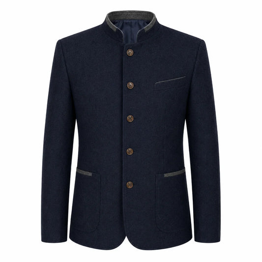 A men's dark navy blue jacket with a mandarin collar, brown buttons, and gray trim details on the collar, pocket, and pocket flaps, shown against a plain white background.