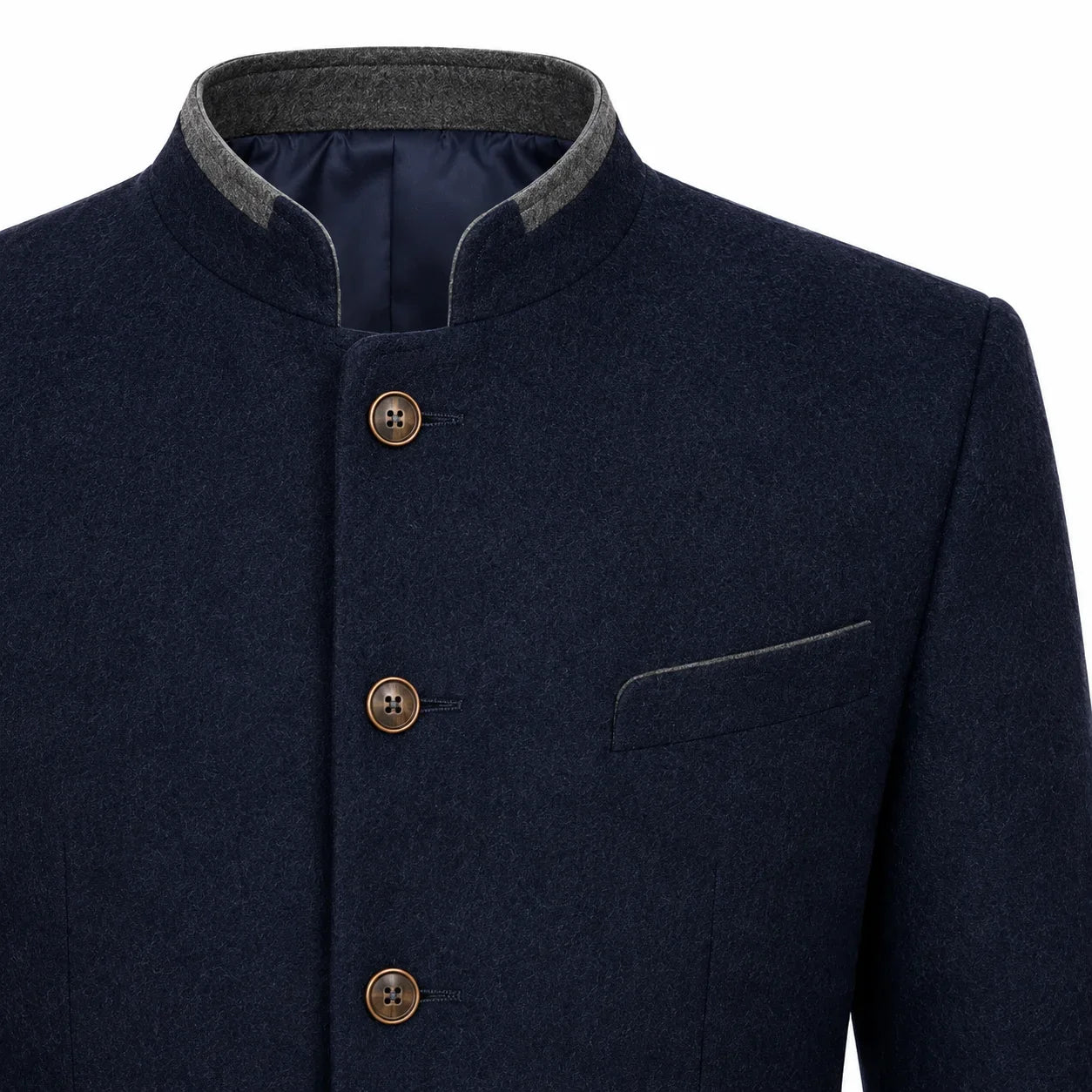 Close-up of a dark navy wool jacket with a mandarin collar, brown buttons, and a gray inner collar lining, shown on a white background.