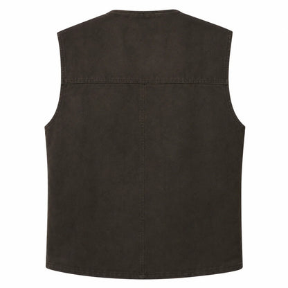 A dark brown sleeveless vest with a textured fabric finish, shown from the back against a plain white background.