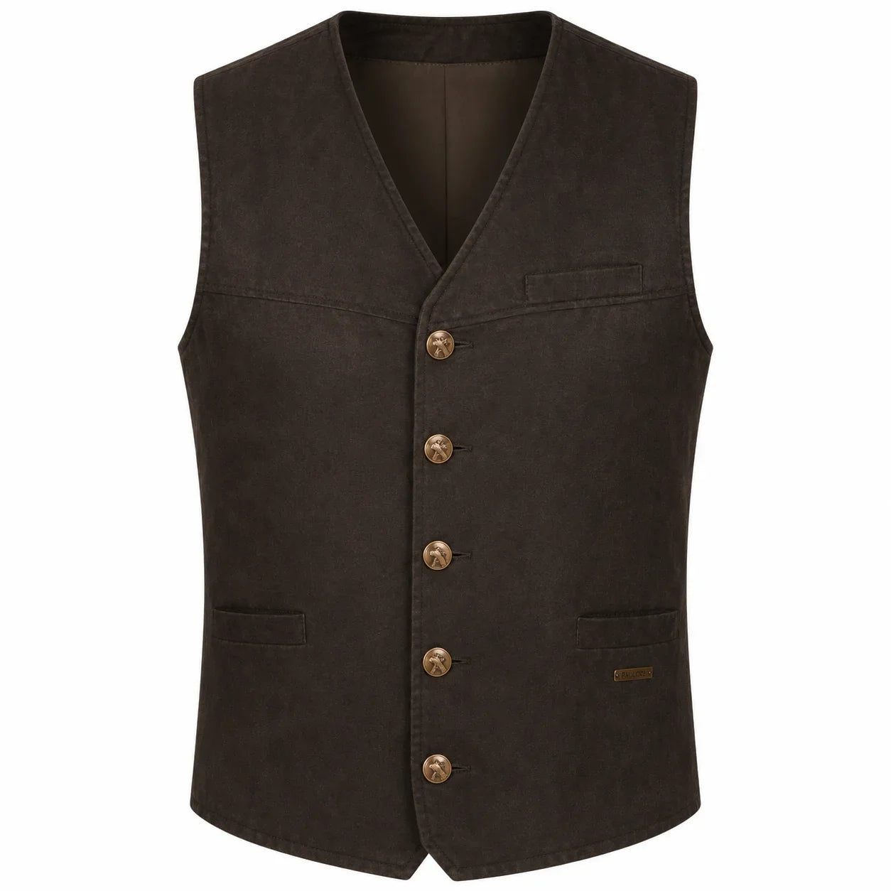 A dark brown vest with a V-neck, five front buttons, and two front pockets, shown against a plain white background.