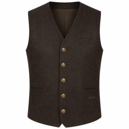 A dark brown vest with a V-neck, five front buttons, and two front pockets, shown against a plain white background.
