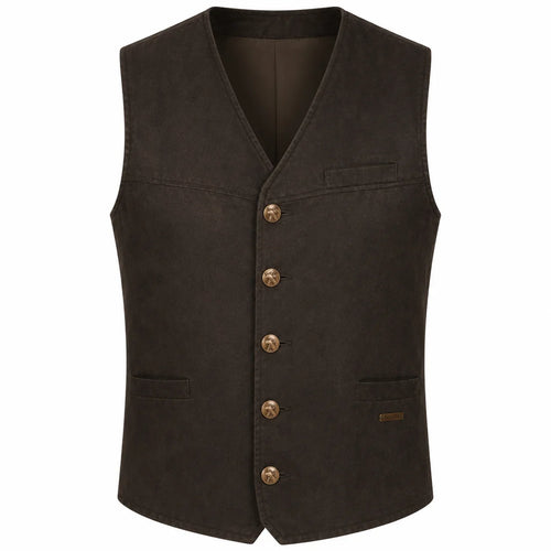 A dark brown vest with a V-neck, five front buttons, and two front pockets, shown against a plain white background.