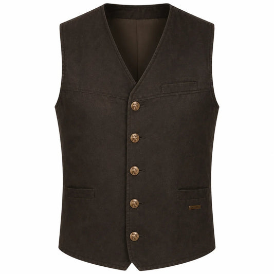 A dark brown vest with a V-neck, five front buttons, and two front pockets, shown against a plain white background.
