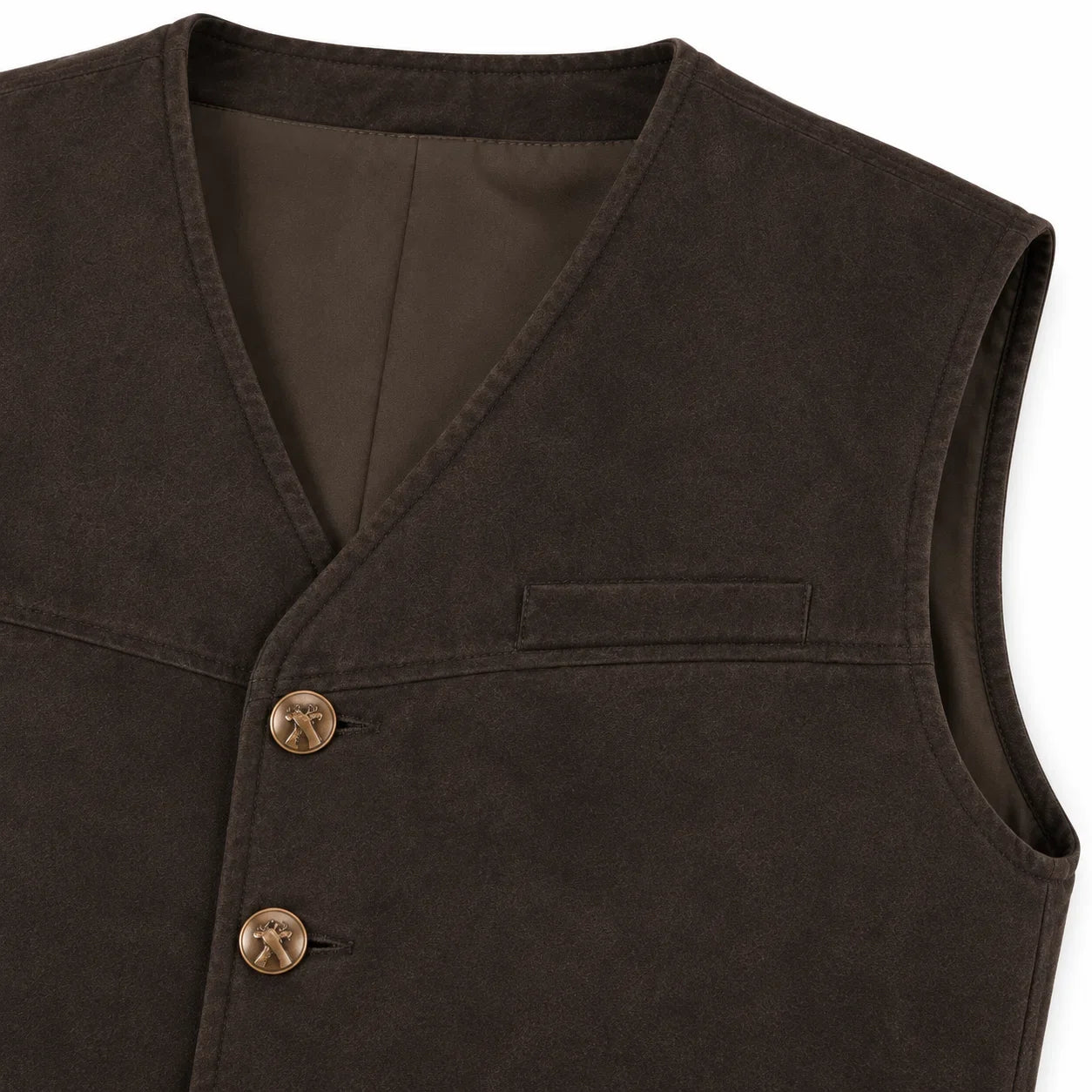 Close-up of a dark brown vest with a V-neck, two brown buttons, and a chest pocket on a white background.