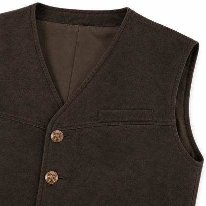 Close-up of a dark brown vest with a V-neck, two brown buttons, and a chest pocket on a white background.