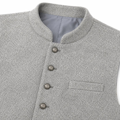 Close-up of a light gray textured waistcoat or vest with a mandarin collar, four front buttons, and a welt pocket on the chest.