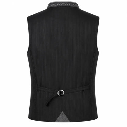 Black sleeveless vest with vertical textured stripes, featuring a decorative collar, a tie belt with a silver buckle at the back, and a gray triangular accent at the hem, shown on a white background.