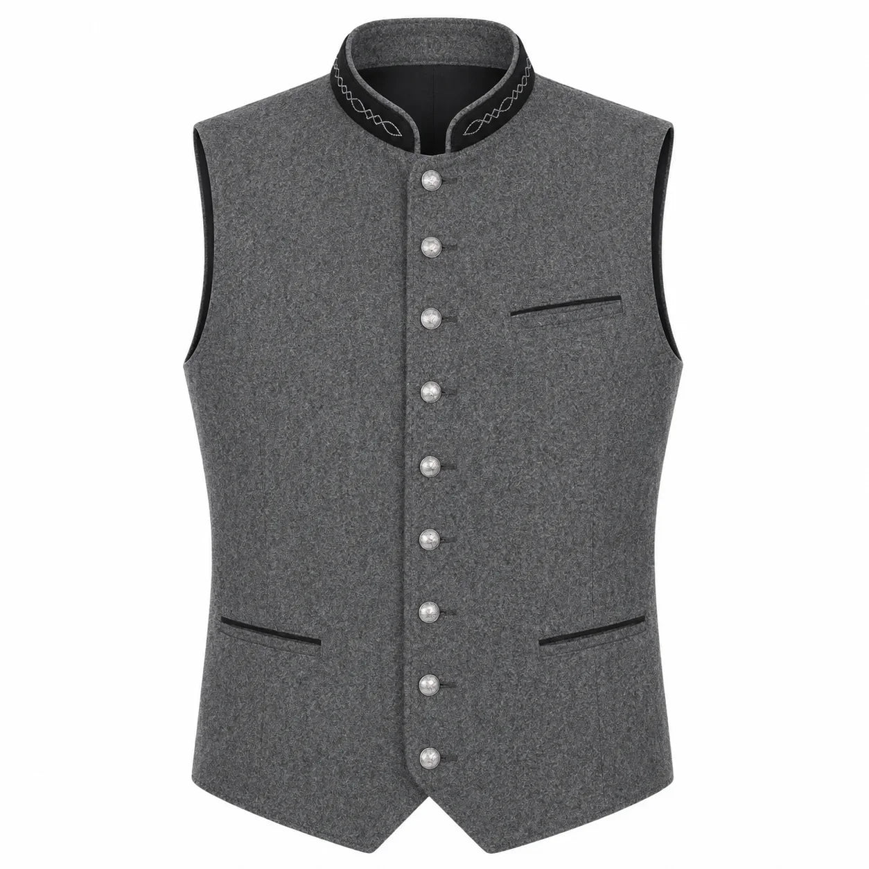 A gray wool-blend waistcoat vest with a mandarin collar, decorative black trim, and silver-tone buttons, shown on a plain white background.