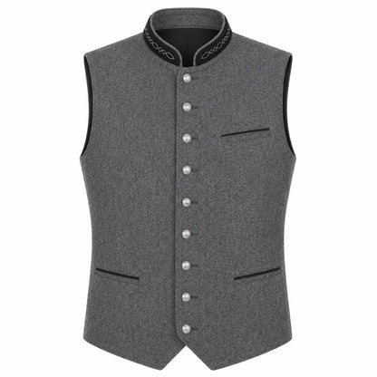 A gray wool-blend waistcoat vest with a mandarin collar, decorative black trim, and silver-tone buttons, shown on a plain white background.