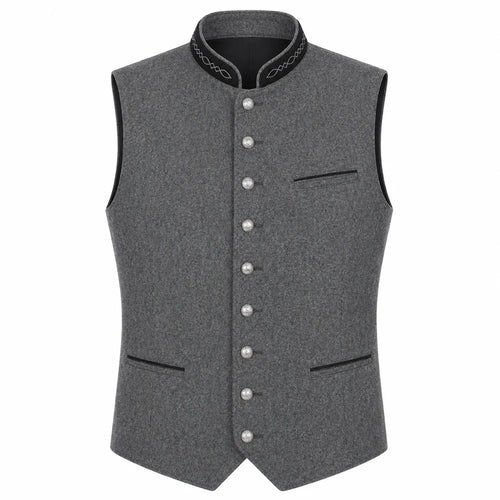 A gray wool-blend waistcoat vest with a mandarin collar, decorative black trim, and silver-tone buttons, shown on a plain white background.
