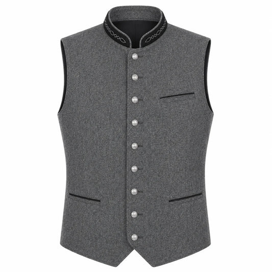 A gray wool-blend waistcoat vest with a mandarin collar, decorative black trim, and silver-tone buttons, shown on a plain white background.