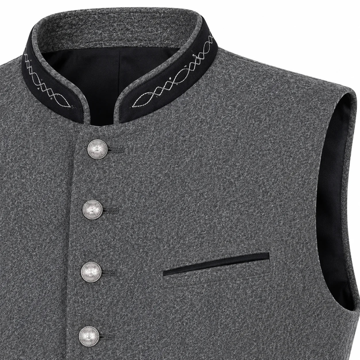 Close-up of a gray textured waistcoat with a black mandarin collar, white embroidered trim, and silver-tone buttons.