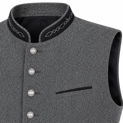 Close-up of a gray textured waistcoat with a black mandarin collar, white embroidered trim, and silver-tone buttons.