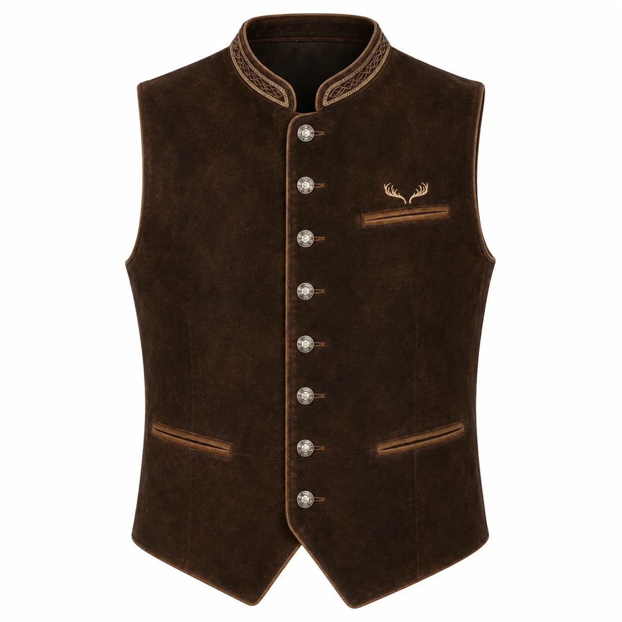 A dark brown suede-like waistcoat vest with decorative gold-toned buttons, embroidered trim on the collar and pocket, and a small deer antler motif on the chest, shown against a plain white background.
