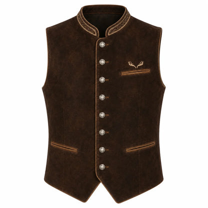 A dark brown suede-like waistcoat vest with decorative gold-toned buttons, embroidered trim on the collar and pocket, and a small deer antler motif on the chest, shown against a plain white background.