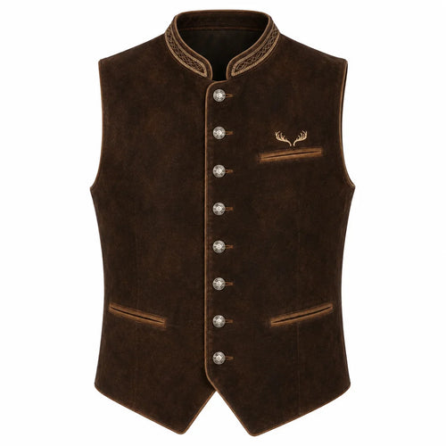 A dark brown suede-like waistcoat vest with decorative gold-toned buttons, embroidered trim on the collar and pocket, and a small deer antler motif on the chest, shown against a plain white background.